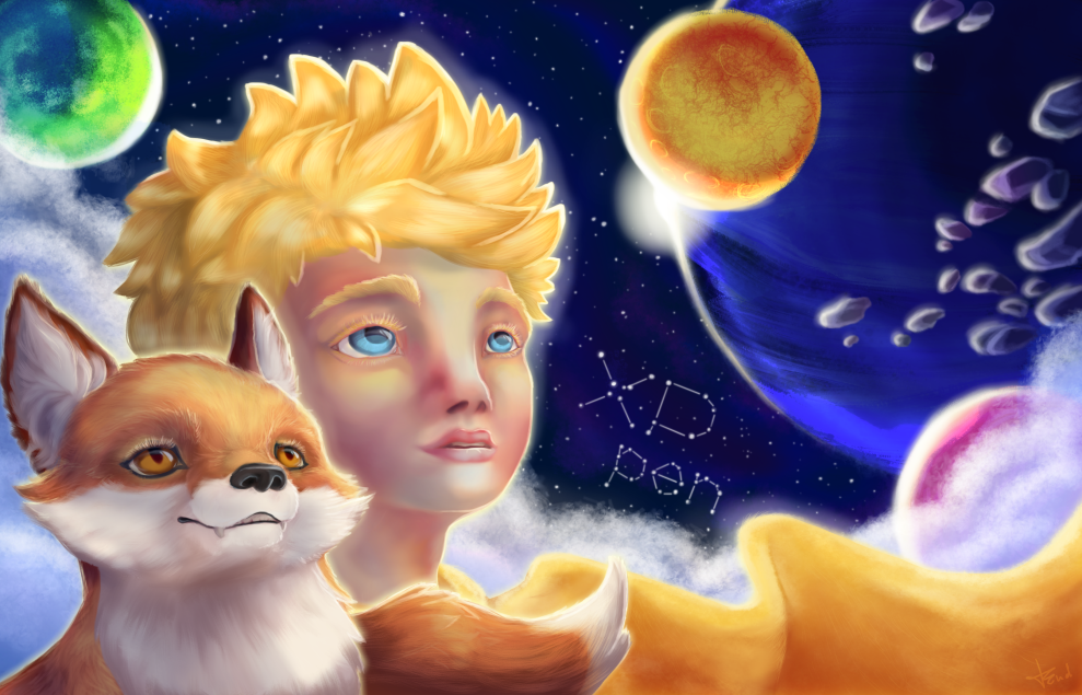 The little Prince and the fox gazing into space, where multiple stars ...