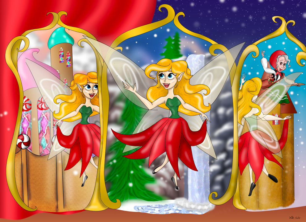 A poinsettia fairy finds herself in front of a three panel mirror