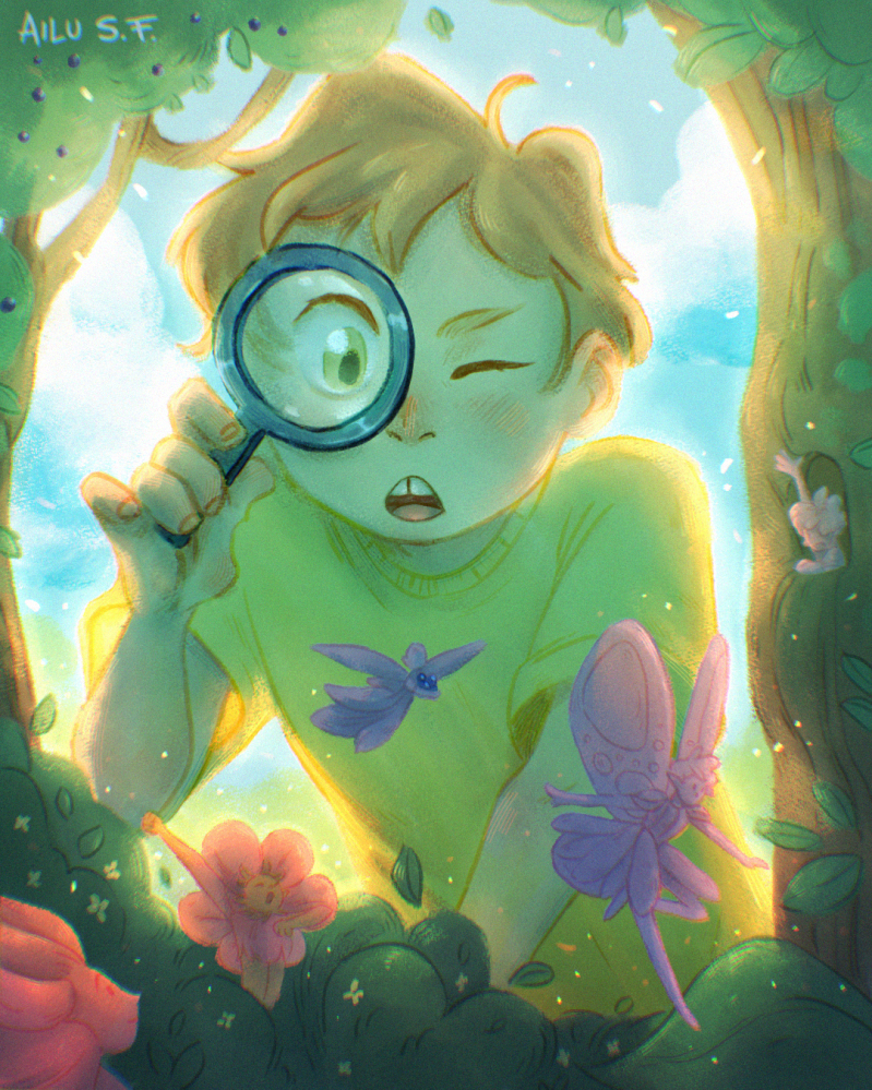 Spring Magnifying Glass A kid, with a magnifying glass, finds fairies that come out at the ...